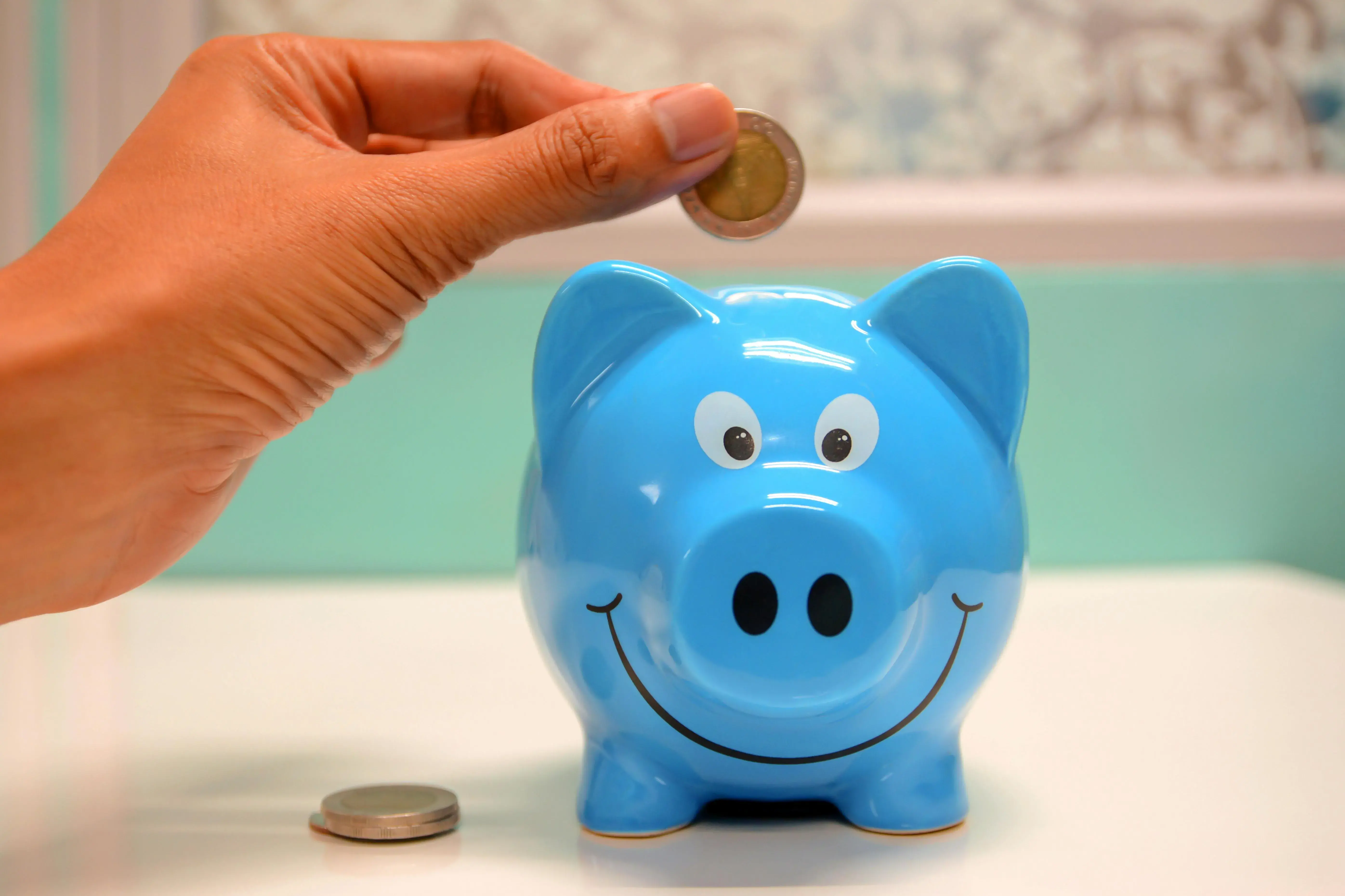 A hand putting a coin in a piggy bank